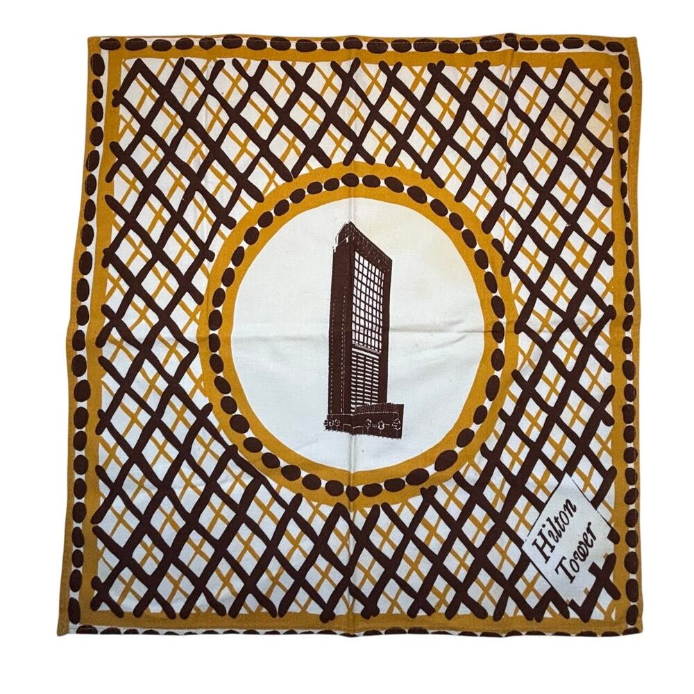 Vintage Hilton San Francisco Tea Towel Brown Ochre Geometric Retro